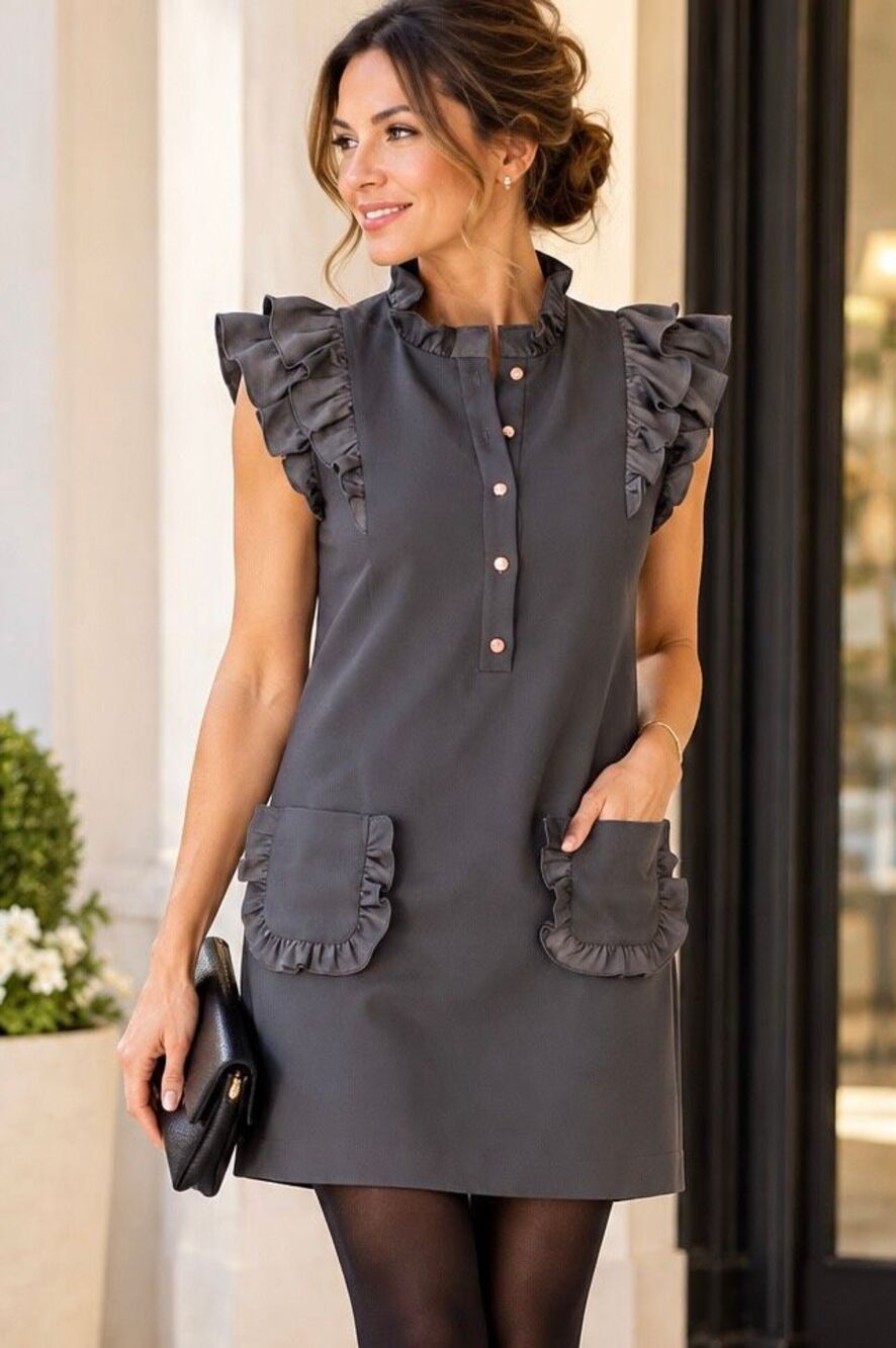 Ted Baker Mickala Gray Ruffle Crepe Tunic Shift Dress Sz 2/US 6 Lined